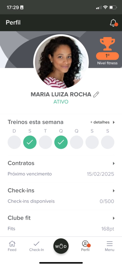 Tecnofit Box - Interface do aplicativo móvel do perfil de usuário do Tecnofit Box mostrando histórico semanal de treinos e nível de condicionamento físico