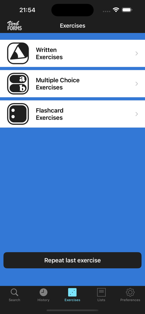 L'app VerbForms Deutsch mostra diverse opzioni di esercizio, tra cui scelta multipla scritta e flashcard