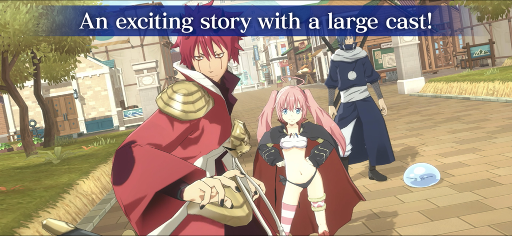 SLIME - ISEKAI Memories - Personajes principales de Slime Isekai Memories de pie en una plaza 3D