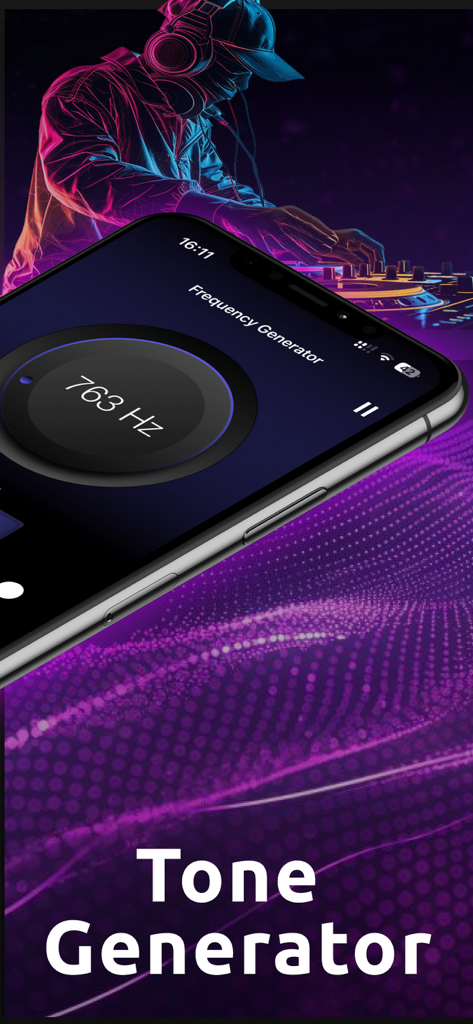 Smartphone displaying the Frequency Generator app interface showing 763 Hz frequency with a DJ background
