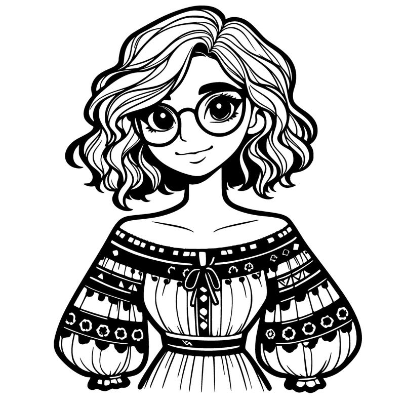 one girl with medium short hair, which are wavy. she has round glasses. she wears a latina outfit.