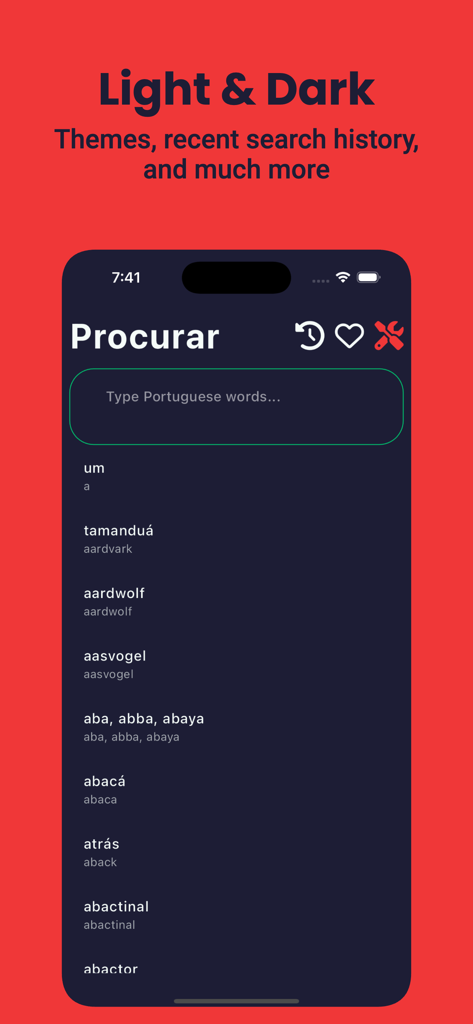 Portuguese Dictionary English - Portuguese English dictionary app interface showing dark mode and word search history