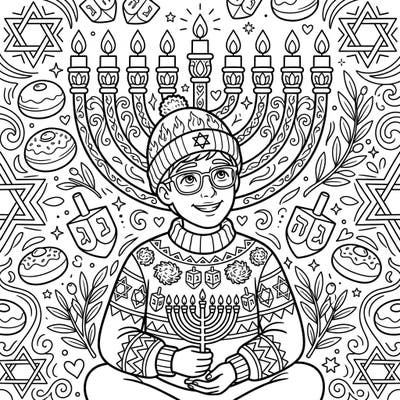 Immerse yourself in the joy of Hanukkah with this delightful coloring page featuring a charming self-portrait. Surrounded by iconic symbols like menorahs and dreidels, it's a perfect blend of personal expression and holiday celebration.