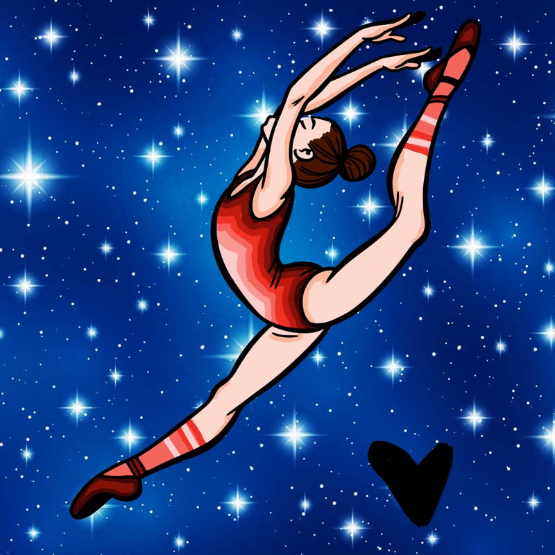 gymnast doing a leap in a leotard with a bent back leg