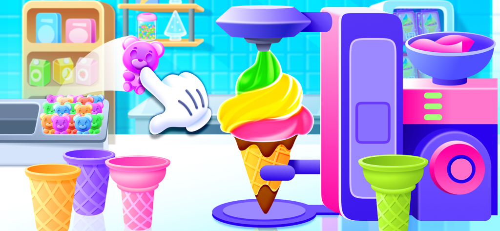 A colorful ice cream cone being decorated with gummy bears in a children cooking game