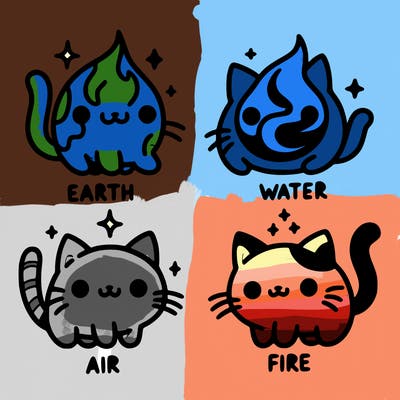 4 cats that represent the different elements, earth, water, air, and fire