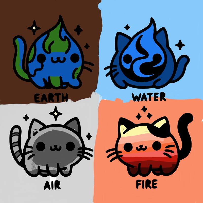 4 cats that represent the different elements, earth, water, air, and fire
