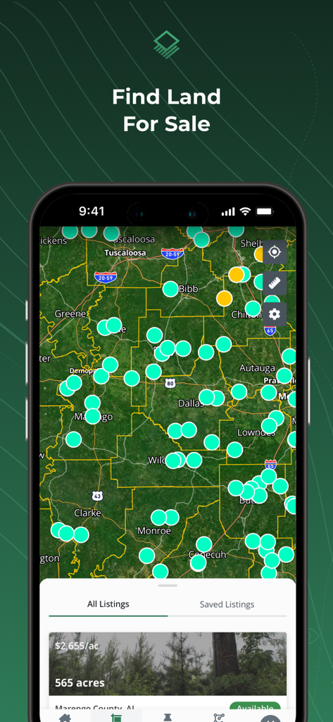 Acres: Land Data & Parcel Maps - Acresアプリのマップビュー。販売用土地リストと物件ピンを表示