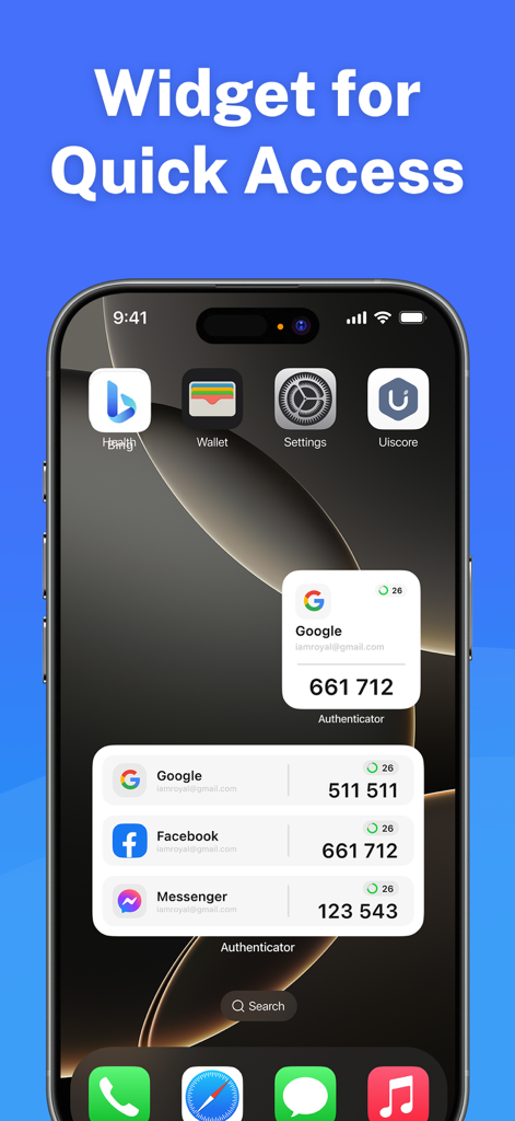 Écran d'accueil de l'iPhone affichant les widgets de l'application Authentificatrice pour un accès rapide aux codes d'authentification à deux facteurs