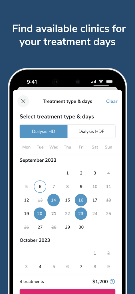 bookdialysis - travel app - Interface for selecting dialysis treatment types and scheduling treatment days on a calendar
