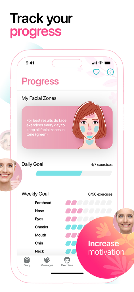 Facegym - Face Fitness Yoga - The progress tracking screen of the Facegym app showing daily goals and weekly facial exercise completion across different zones