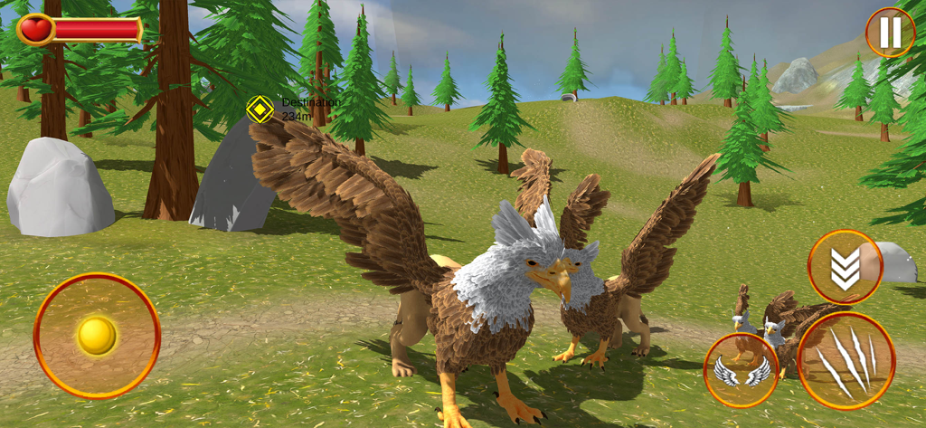 Griffin Life Simulator Game - A griffin with its offspring in a 3D forest setting from the Griffin Life Simulator game