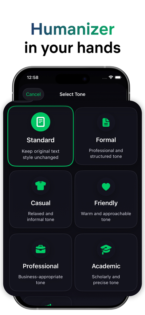Humanize AIアプリの標準、フォーマル、アカデミックなどのさまざまなライティングトーンオプションを示すモバイル画面。