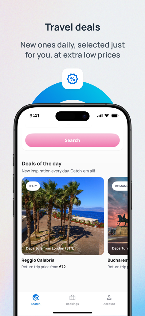eSky app screen showing daily flight deals with a featured trip to Italy for a low price.