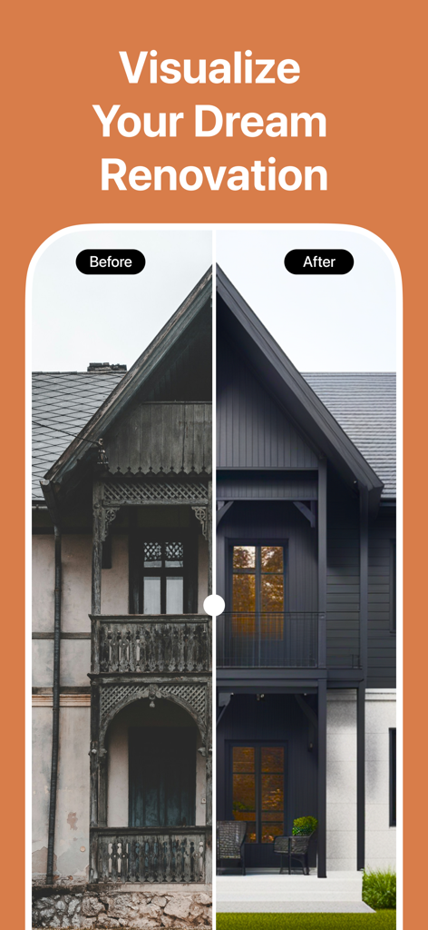 AI Exterior Home Design - A split screen showing a house exterior before and after a modern AI architectural renovation.