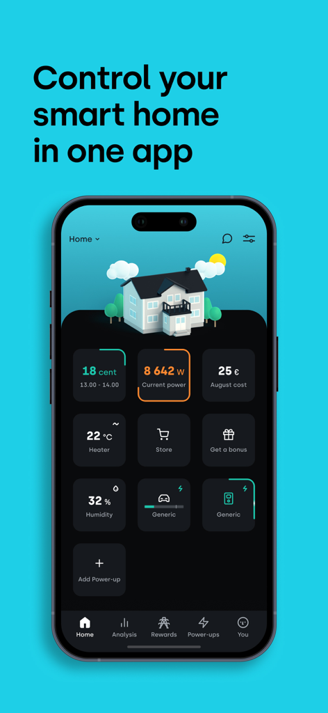 Tibber - Smarter power - Mobile dashboard of the Tibber app showing real time energy consumption and smart home device controls