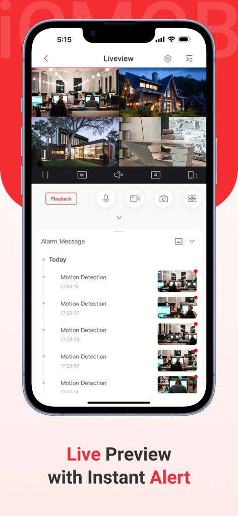iCMOB - iCMOB mobile app interface showing a 4-channel live camera preview and a list of motion detection alarm messages.