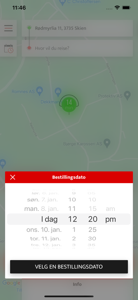 TaxiLokal - Interface of the TaxiLokal app showing a date and time selector for pre-ordering a taxi