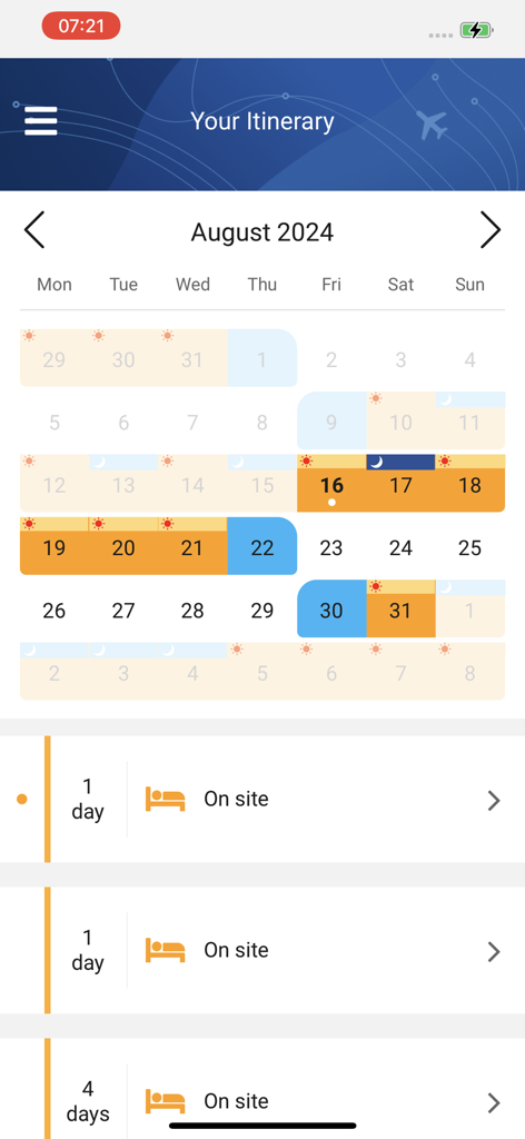 InFlight app itinerary screen showing a monthly work roster with site accommodation details