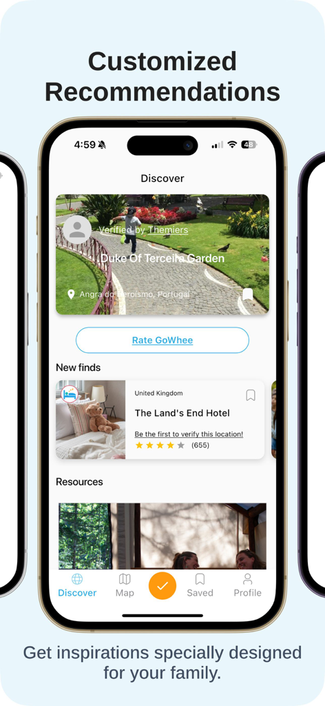 Gowhee app interface displaying customized kid-friendly travel recommendations and family vacation inspirations.