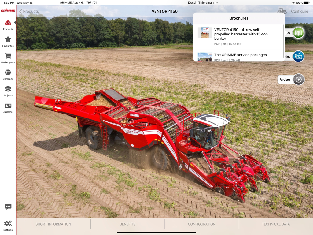 GRIMME - iPad screenshot of the GRIMME app showing a red VENTOR 4150 harvester and a brochures menu for technical specifications.