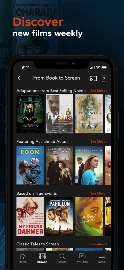 Interface do aplicativo Kanopy mostrando categorias de filmes selecionadas, como adaptações de romances best-sellers.