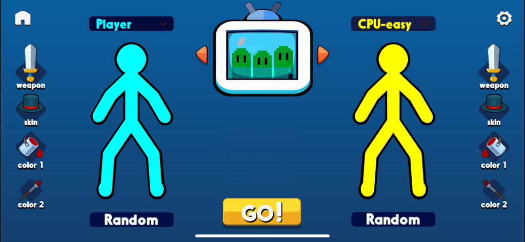 Supreme Duelist 2022 - Character selection and customization screen in Supreme Duelist 2022 showing two stickmen characters