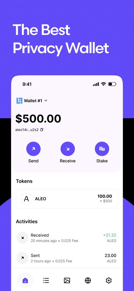 Interfaccia mobile di Leo Wallet che mostra il saldo dei token Aleo e la cronologia delle transazioni recenti