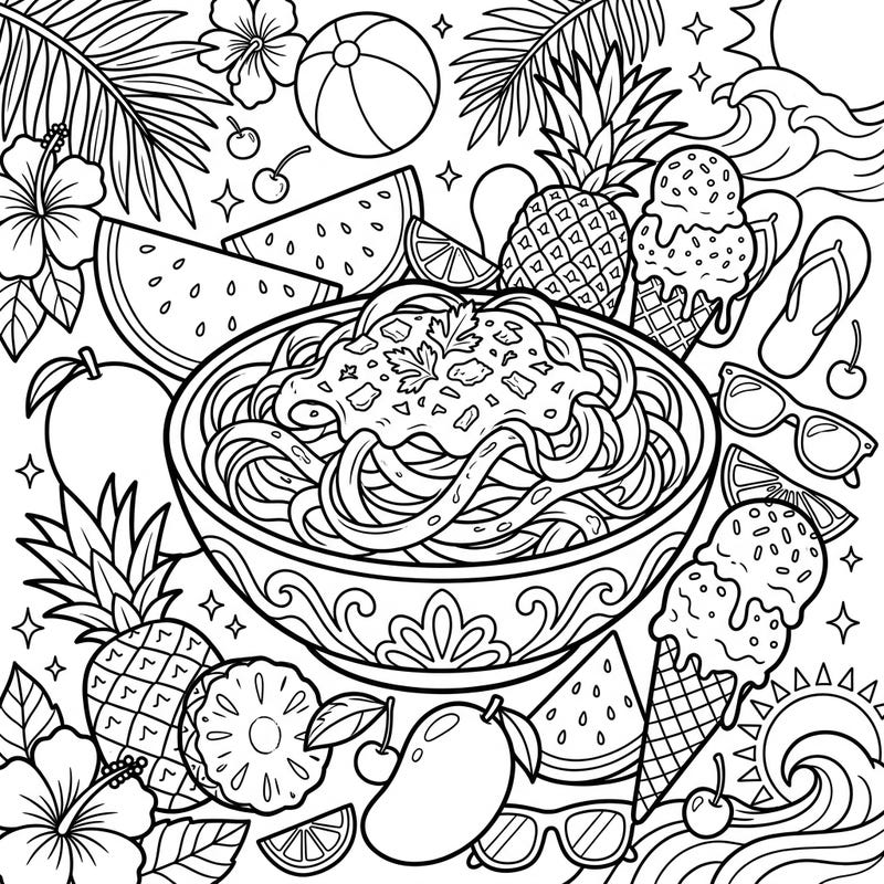 Indulge in a unique summer coloring experience featuring a scrumptious bowl of Fettuccine Alfredo amidst a vibrant display of tropical fruits and beach essentials. This playful design perfectly blends culinary delight with sunny vacation vibes, inviting colorists of all ages to unwind.