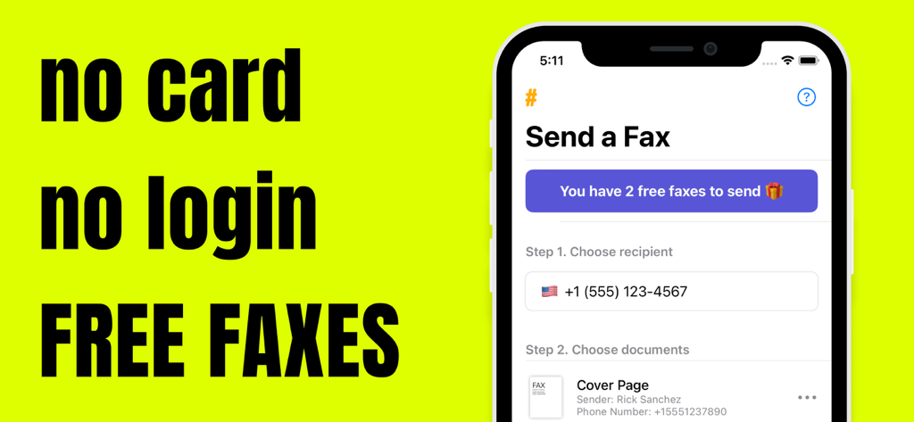 #FAX from iPhone: free sending - iPhone screen showing the FAX app interface with two free faxes and no login required