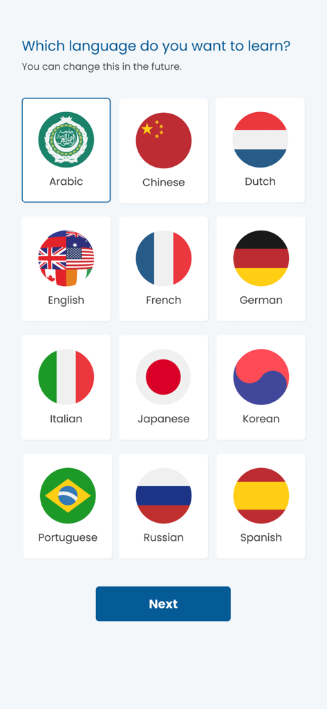 Pantalla de selección de idioma en la aplicación goFLUENT que muestra varias banderas y opciones de idioma para formación profesional.