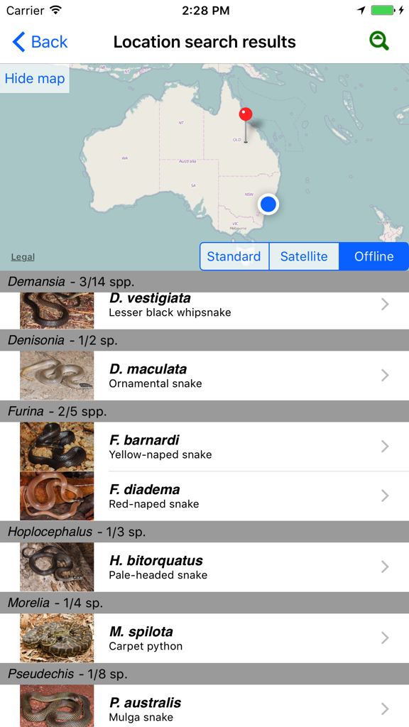 Snakes of Australia - Location search results screen showing a map of Australia and a list of local snake species