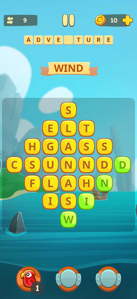 Word Chest - Connect Letters - Jogabilidade do Word Chest mostrando um quebra-cabeça de grade de letras com a palavra WIND selecionada sobre um fundo de mar