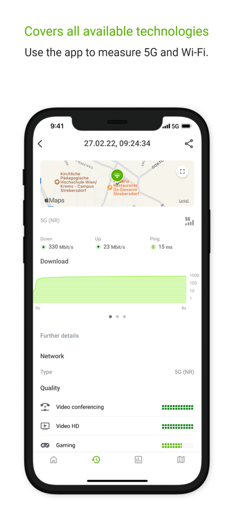 Screenshot dell'app RTR-Netztest che mostra i risultati della velocità di internet 5G e della qualità della rete