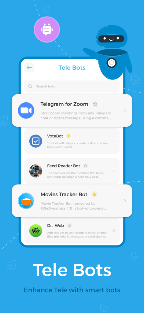 Interface de l'application Tele Tools montrant une liste de bots Telegram intelligents pour la productivité et le divertissement.