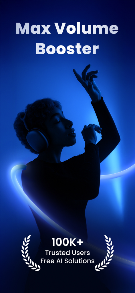 Volume Booster-High Louder Max - 파란 불빛 아래 헤드폰을 낀 사람과 Max Volume Booster 및 100K 신뢰 사용자라는 텍스트.
