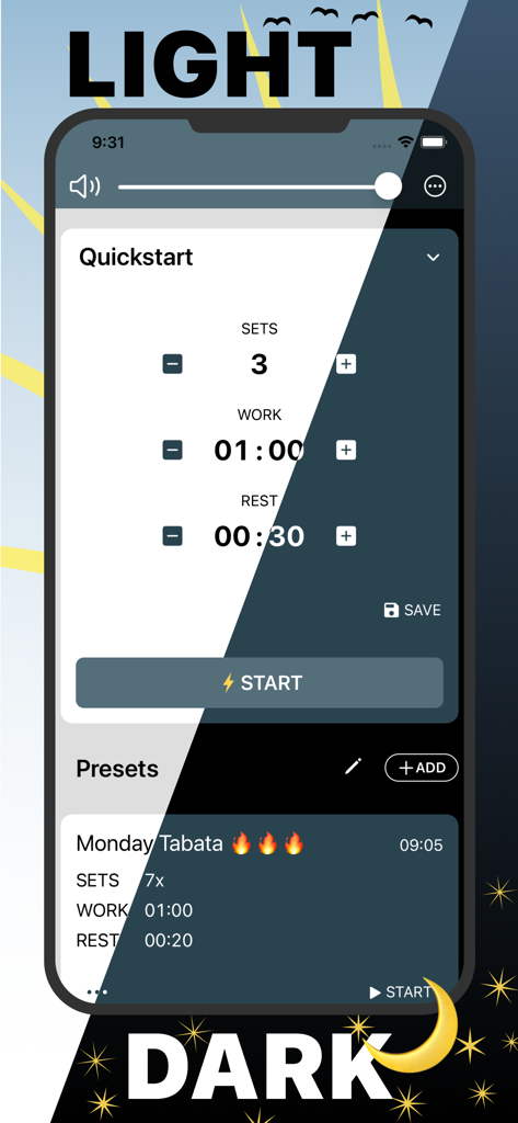 Interval Timer Plus - Vue en écran partagé de l'application Interval Timer Plus montrant les interfaces en mode clair et sombre avec des préréglages d'entraînement
