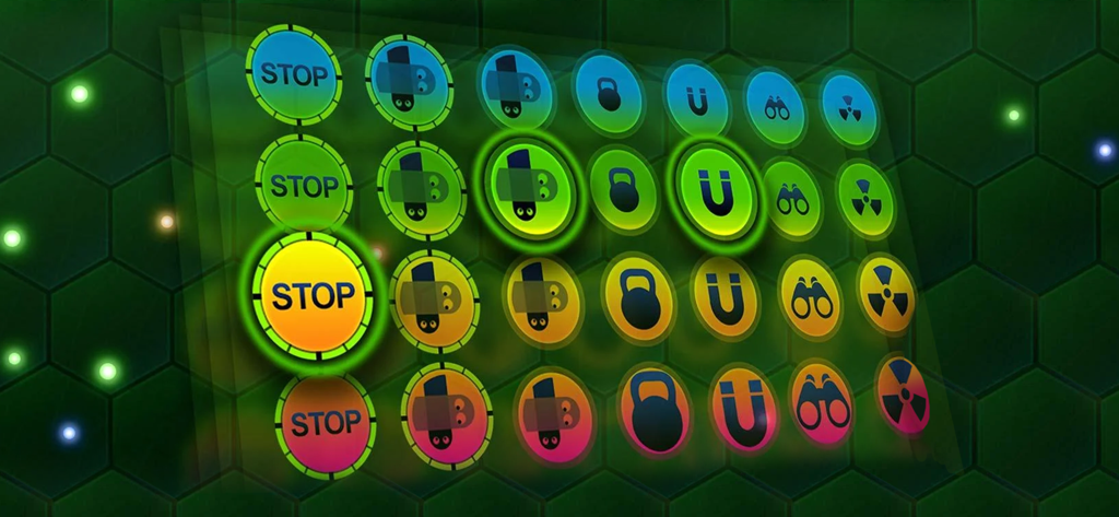 Wormax.io - Eine Gitteranzeige von Symbolen für aktive Fähigkeiten und Booster im Spiel Wormax.io