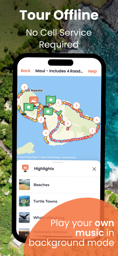 Maui GyPSy Guide Driving Tour - Maui GyPSy Guide app interface showing offline driving map and island highlights