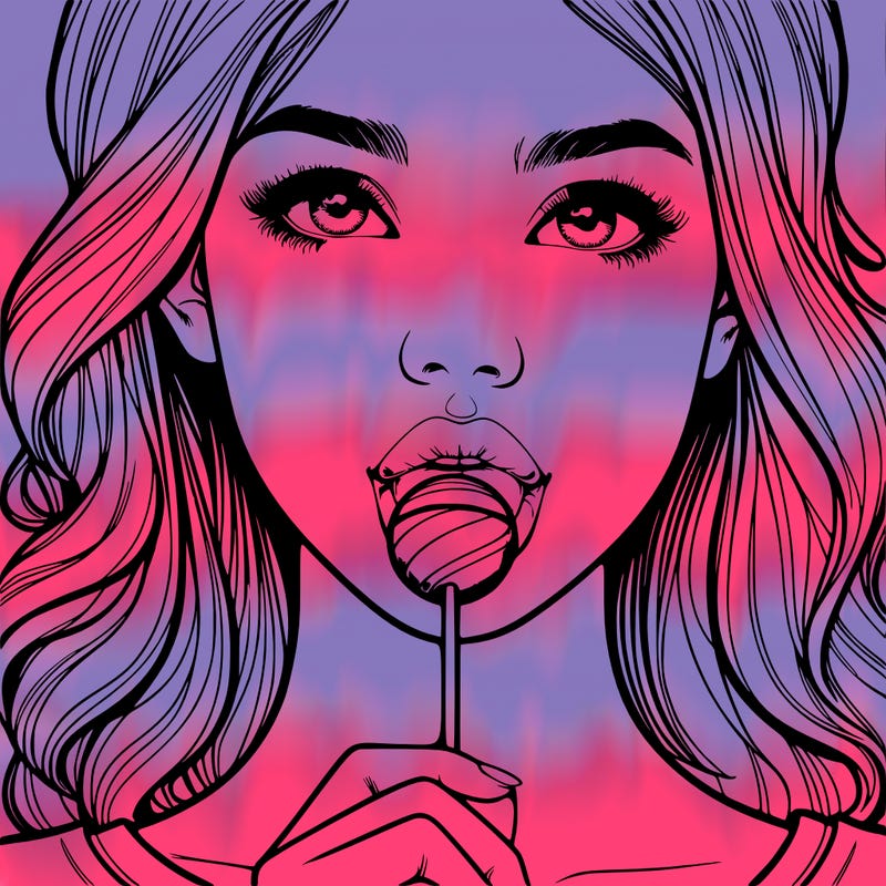 a realistic girl with a lollipop in her mouth