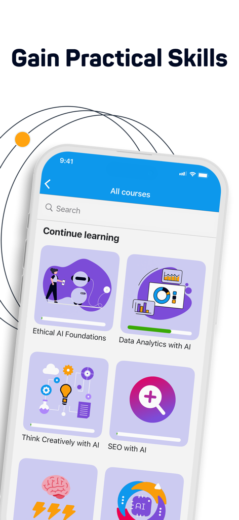 Interface de aplicativo móvel exibindo cursos de IA para análise de dados, SEO e fundamentos éticos