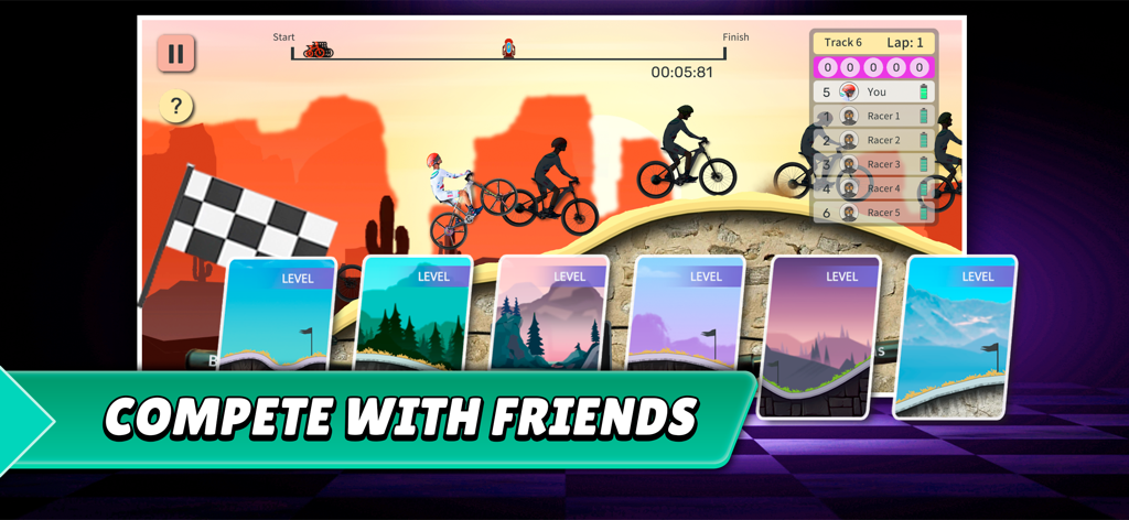 E-Bike Racing Tycoon Simulator - Side-scrolling gameplay of an e-bike race with a leaderboard and the text Compete With Friends