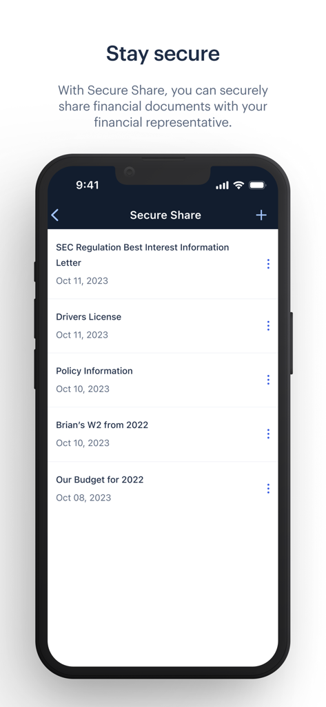 Northwestern Mutual - Northwestern Mutual app Secure Share screen displaying a list of shared financial documents