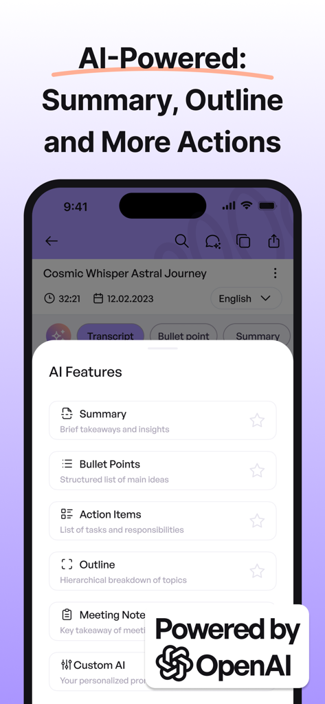 iMemo AI Note Taking & Summary - A mobile app interface showing the AI features menu of iMemo with options for summary bullet points and action items