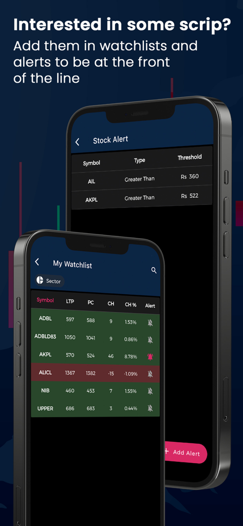 Nepal Share app interface displaying a stock watchlist and customized price alerts for Nepalese stock market investments