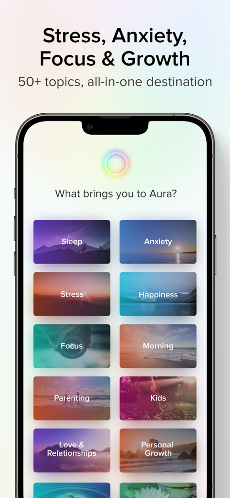 Aura app interface showing a variety of mental health topics like sleep anxiety and stress for personalized wellness recommendations