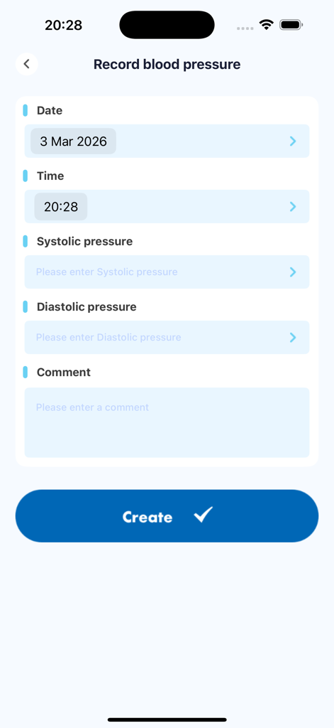 Clarity:Daily Health Journal - Interface for entering systolic and diastolic blood pressure readings in the Clarity health journal app