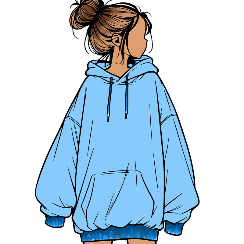realistic girl with a oversized sweatshirt on and a bun