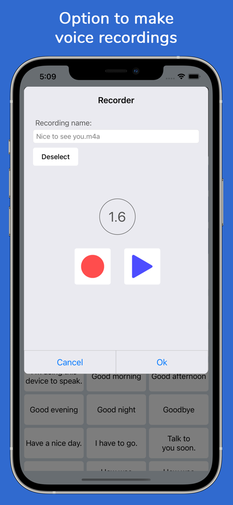 Interfaccia iPhone dell'app Speech Assistant AAC che mostra lo strumento di registrazione vocale per frasi personalizzate.