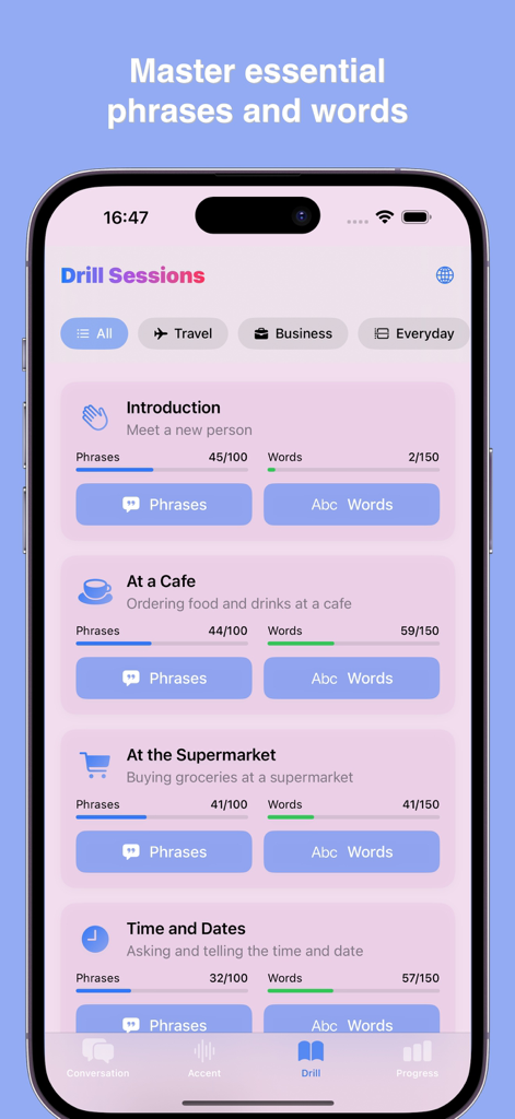 Conversation IQ：Language Coach - Screenshot of the Conversation IQ app showing various drill sessions for everyday situations like at a cafe or supermarket